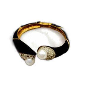 Vintage Kenneth Jay Lane KJL Hinged Pearl clear rhinestones black gold bracelet